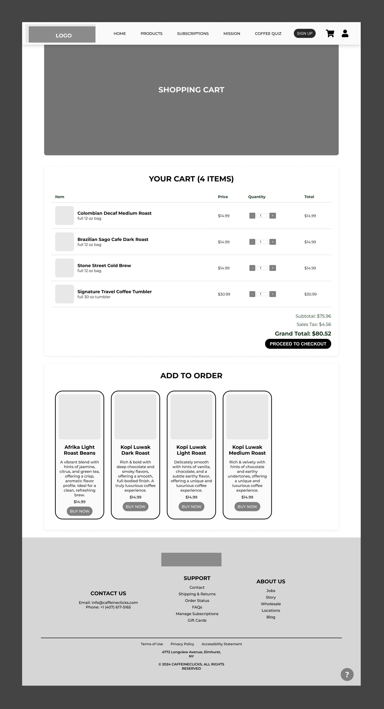 CaffeineClicks Cart Wireframe