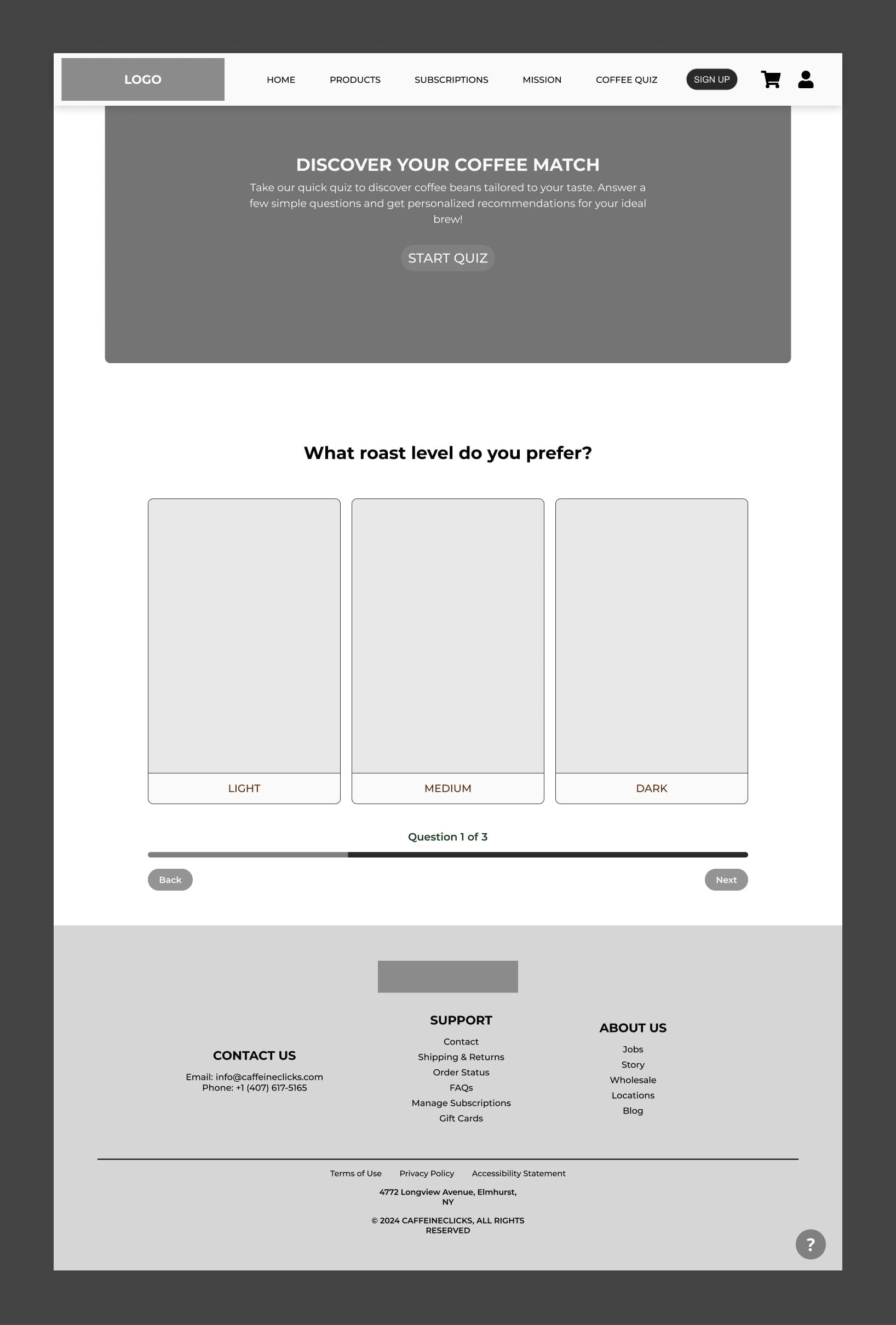 CaffeineClicks Quiz Wireframe
