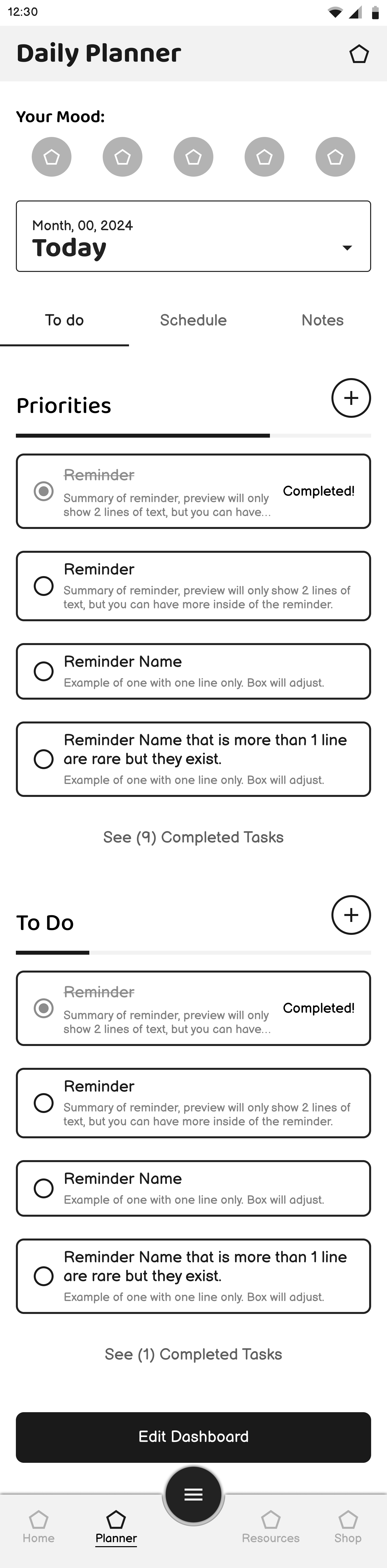 caretaker planner wireframe